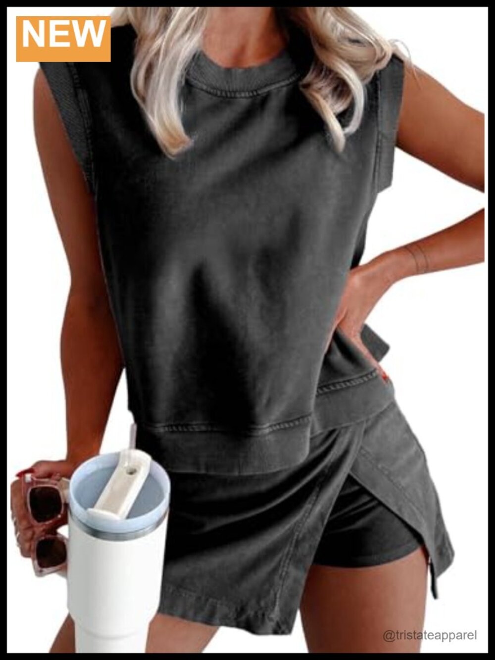 Mineral Wash Cotton 2pc Tank Top & Split Skirt Lounge Athletic Set
